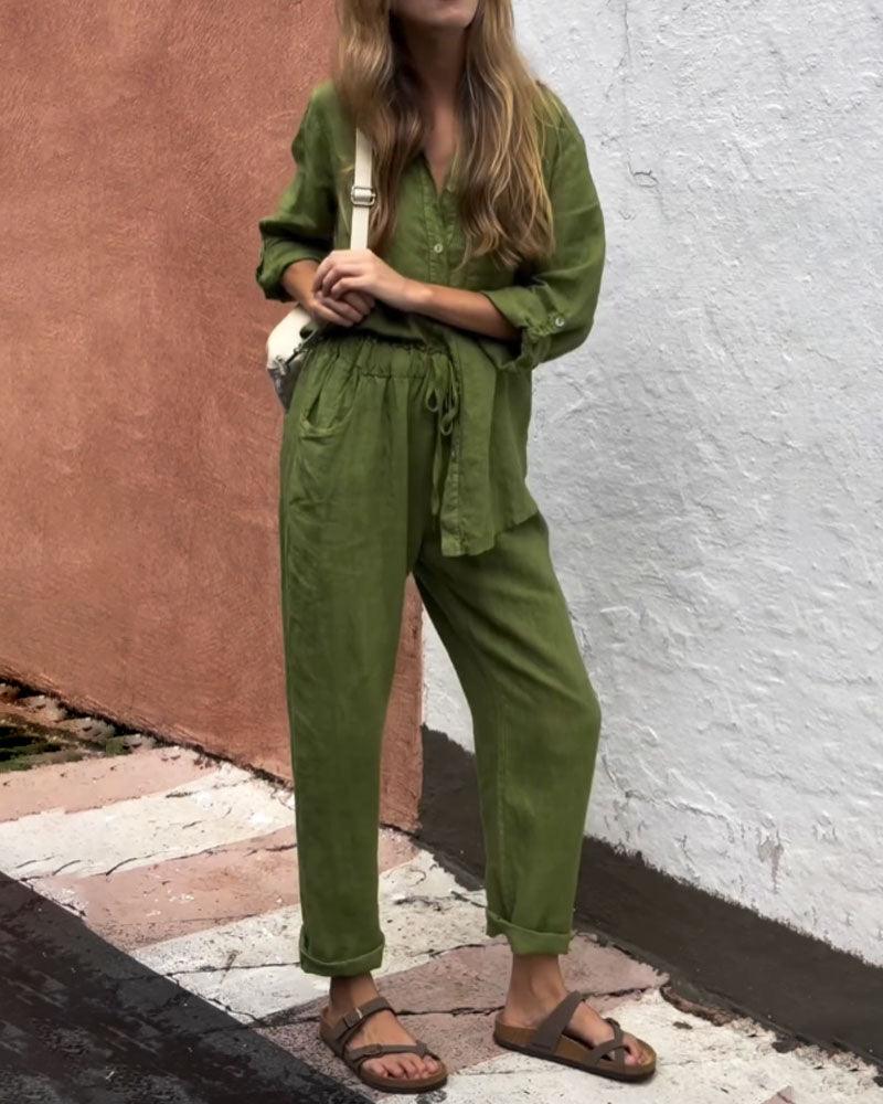 Casual Solid Color V-Neck Shirt & Pants Cotton Linen Two-Piece Set - Seldom Seen Styles
