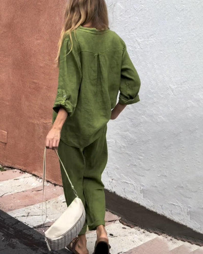 Ensemble décontracté deux pièces en coton et lin, chemise et pantalon, couleur unie, col en V
