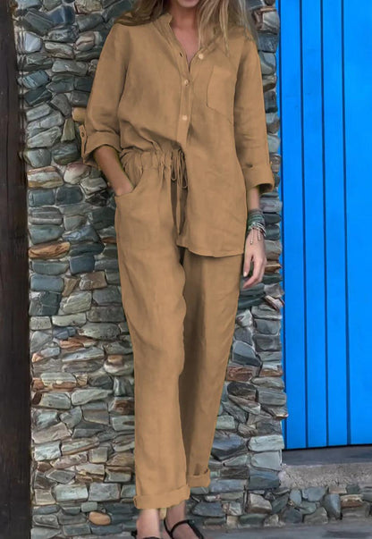 Ensemble décontracté deux pièces en coton et lin, chemise et pantalon, couleur unie, col en V