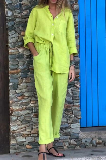 Ensemble décontracté deux pièces en coton et lin, chemise et pantalon, couleur unie, col en V