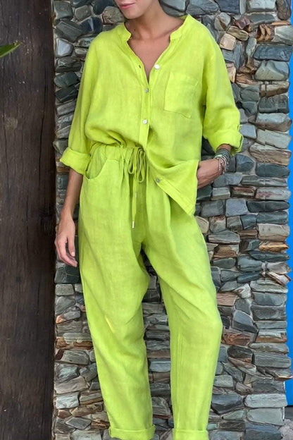 Ensemble décontracté deux pièces en coton et lin, chemise et pantalon, couleur unie, col en V