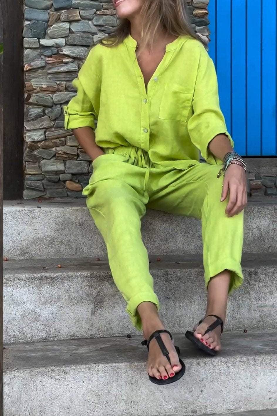 Casual Solid Color V-Neck Shirt & Pants Cotton Linen Two-Piece Set - Seldom Seen Styles