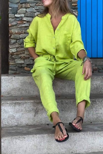 Ensemble décontracté deux pièces en coton et lin, chemise et pantalon, couleur unie, col en V
