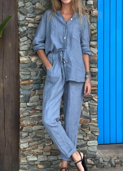 Ensemble décontracté deux pièces en coton et lin, chemise et pantalon, couleur unie, col en V