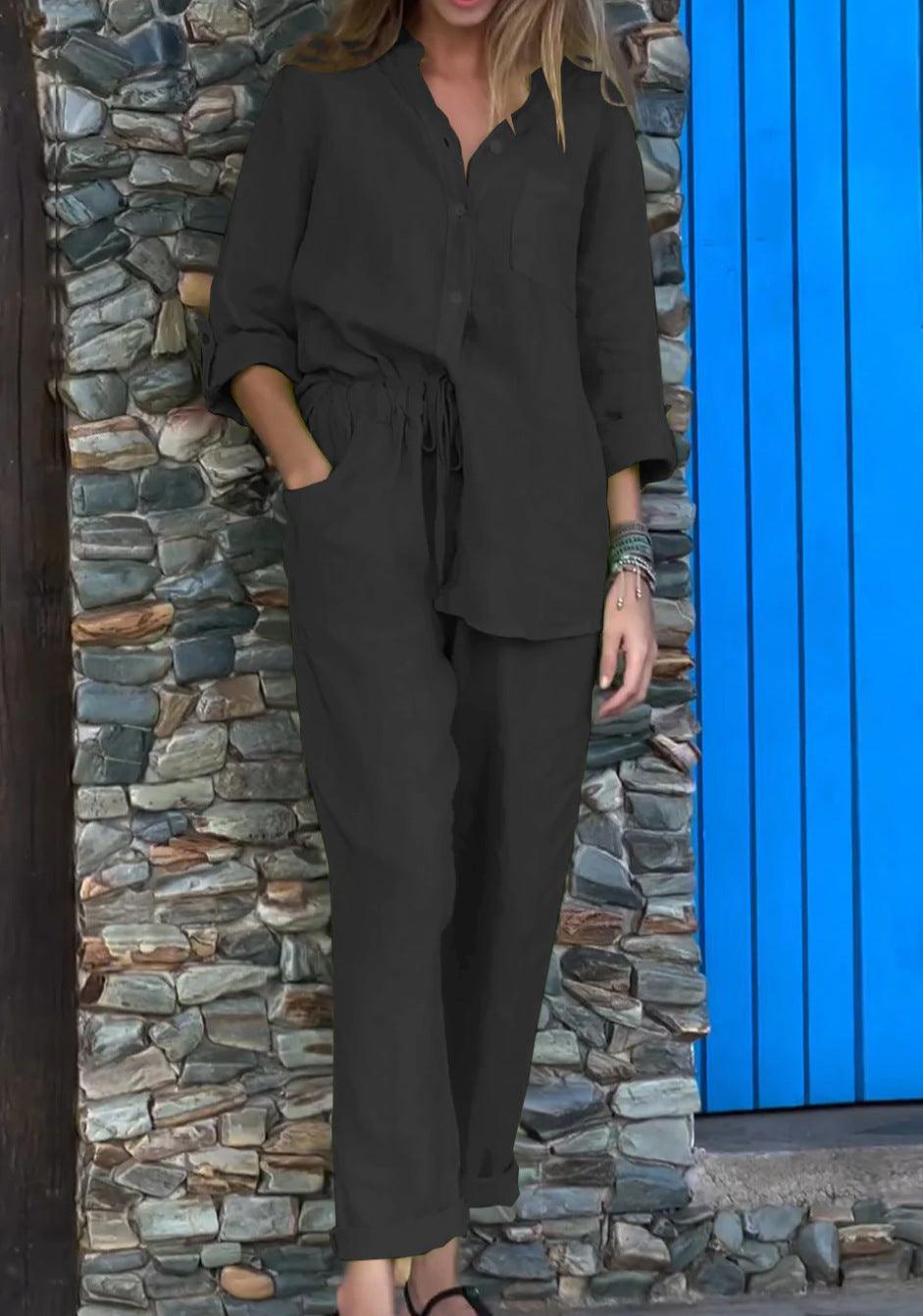 Casual Solid Color V-Neck Shirt & Pants Cotton Linen Two-Piece Set - Seldom Seen Styles