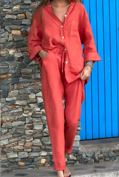 Ensemble décontracté deux pièces en coton et lin, chemise et pantalon, couleur unie, col en V