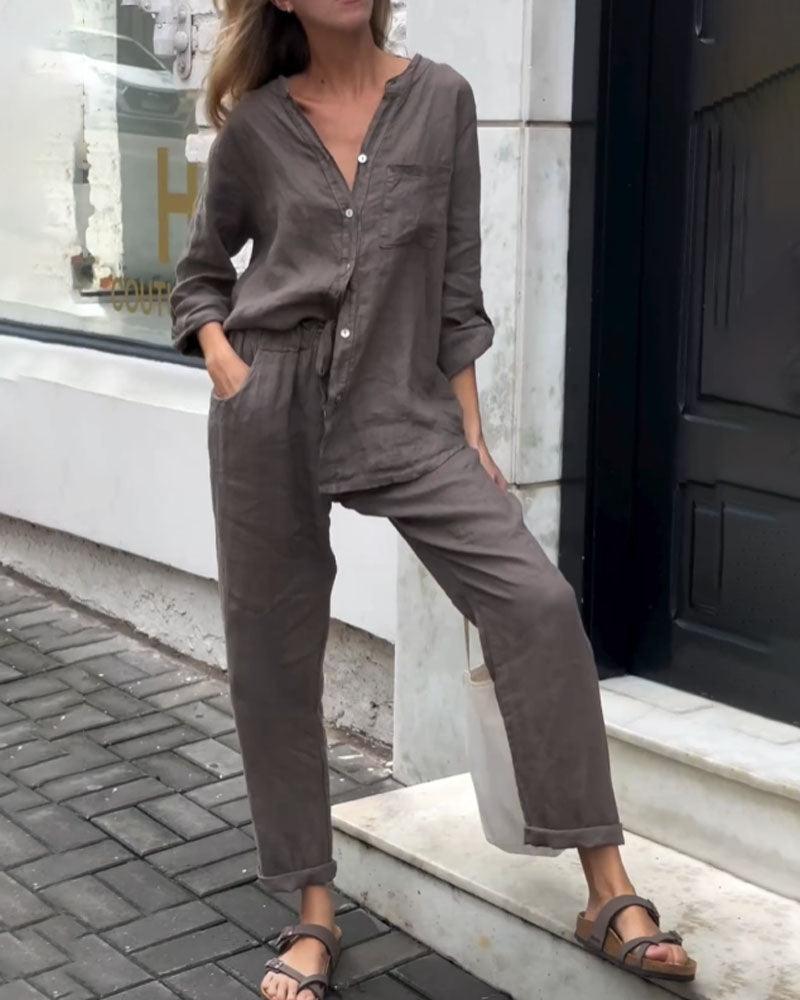 Casual Solid Color V-Neck Shirt & Pants Cotton Linen Two-Piece Set - Seldom Seen Styles