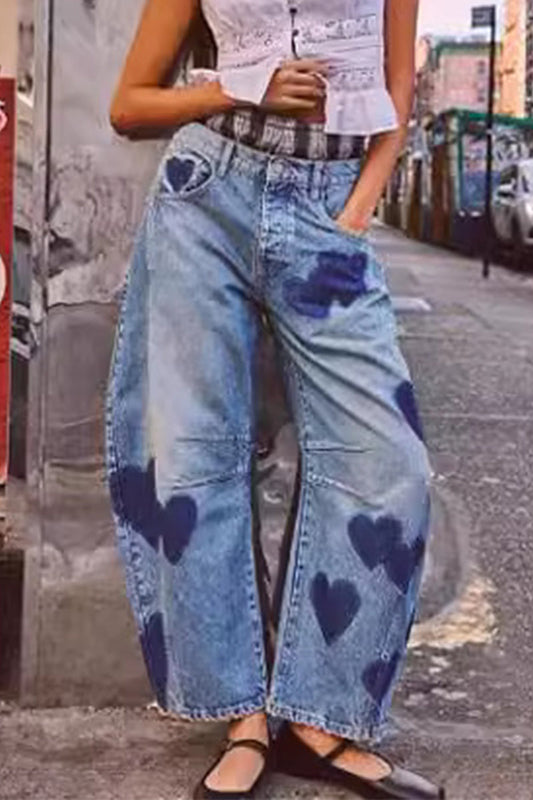 Casual Street Print Heart Shaped Pocket Mid Waist Loose Denim Jeans - Seldom Seen Styles