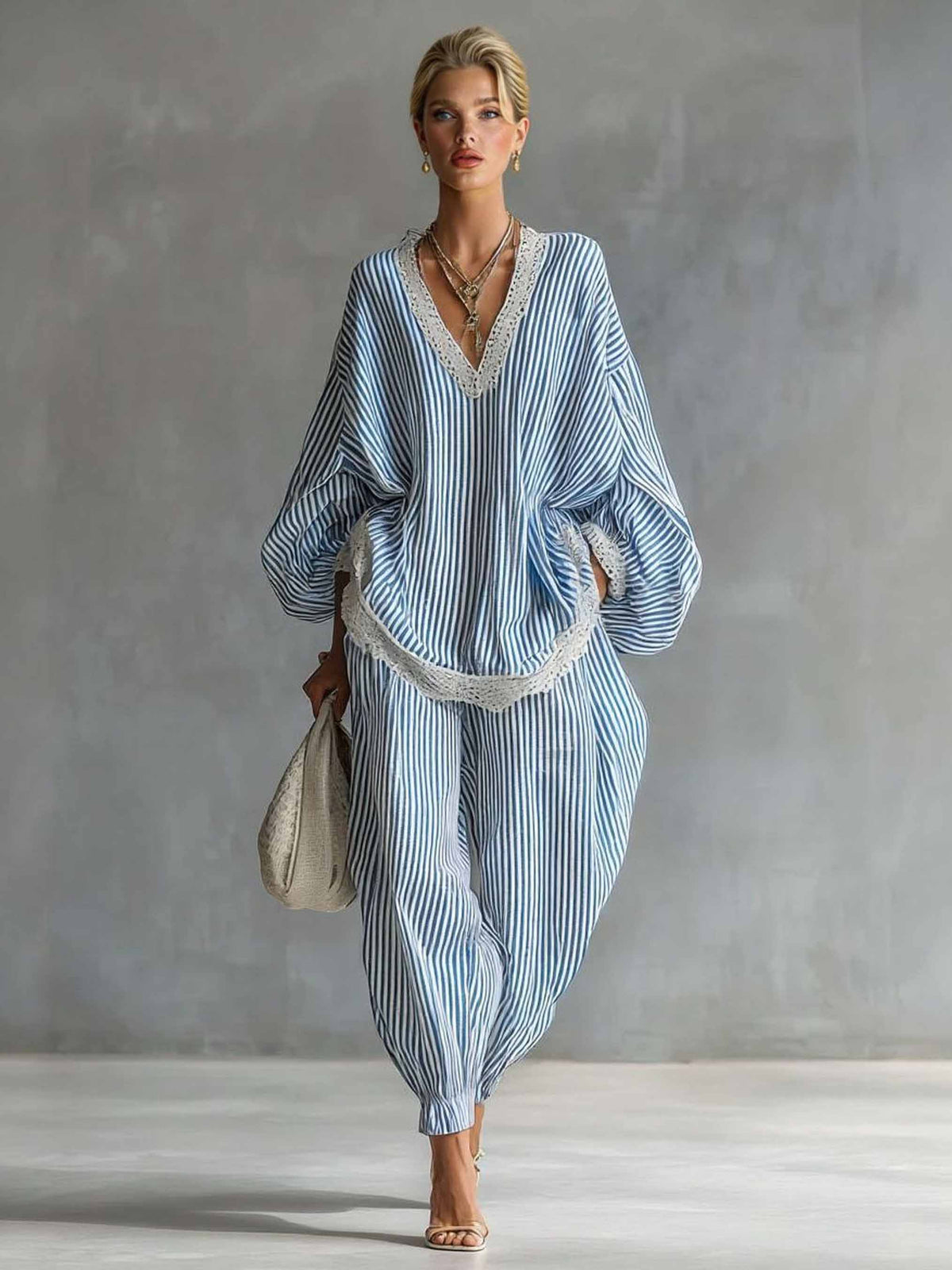 Casual Striped Batwing Sleeve Top & Drawstring Jogger Pants Two-Piece Set - Seldom Seen Styles