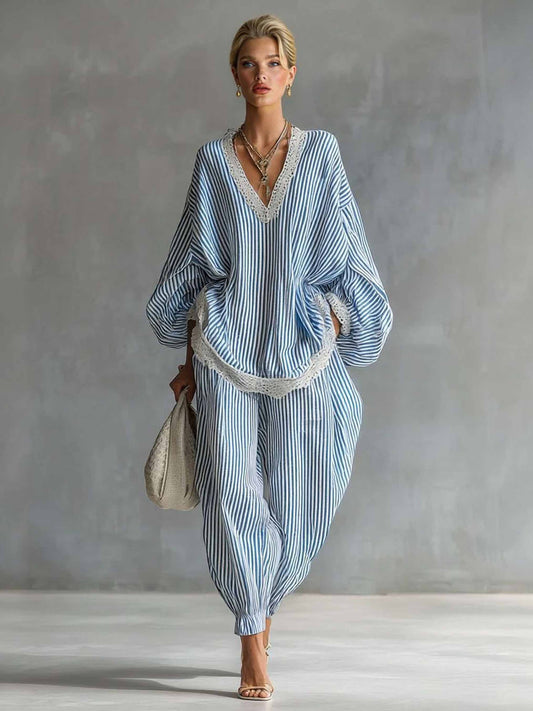 Casual Striped Batwing Sleeve Top & Drawstring Jogger Pants Two-Piece Set - Seldom Seen Styles