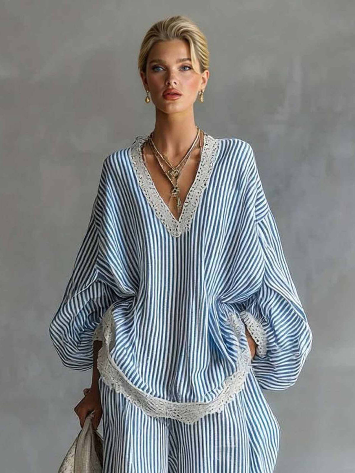 Casual Striped Batwing Sleeve Top & Drawstring Jogger Pants Two-Piece Set - Seldom Seen Styles