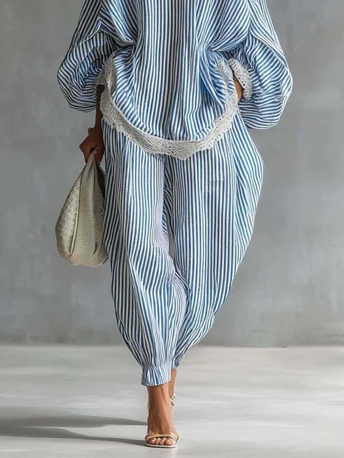 Casual Striped Batwing Sleeve Top & Drawstring Jogger Pants Two-Piece Set - Seldom Seen Styles