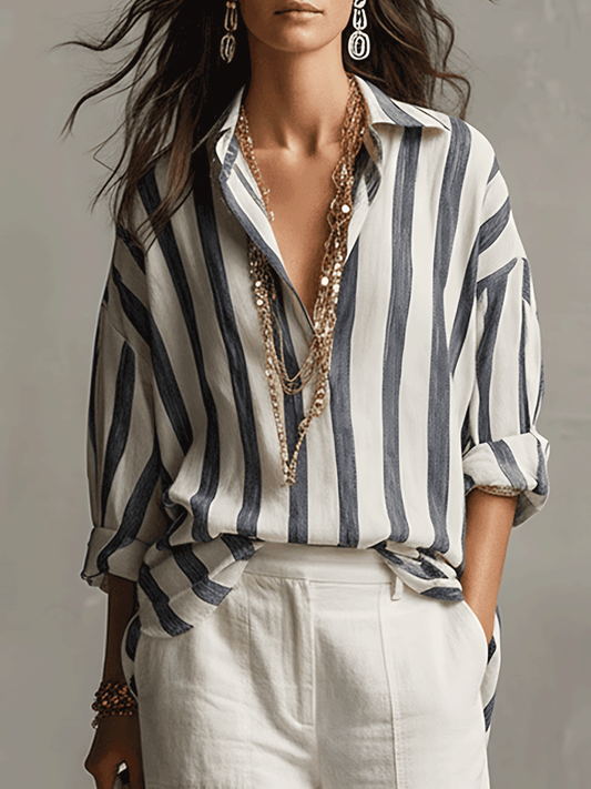 Casual Striped Cotton And Linen Long-Sleeved Shirt - Seldom Seen Styles