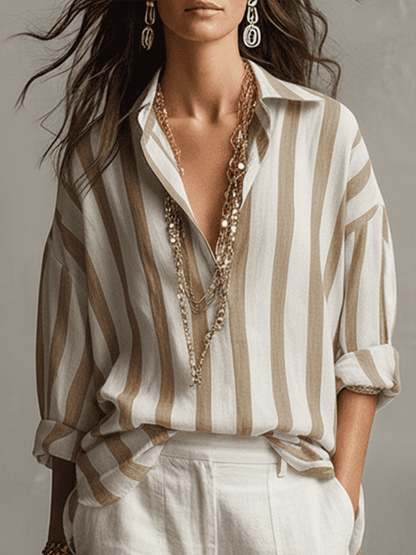 Chemise décontractée à manches longues en coton et lin rayée