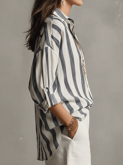 Chemise décontractée à manches longues en coton et lin rayée