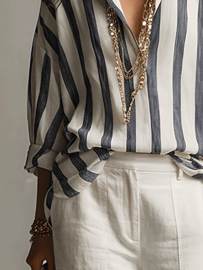 Chemise décontractée à manches longues en coton et lin rayée