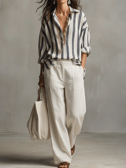 Chemise décontractée à manches longues en coton et lin rayée