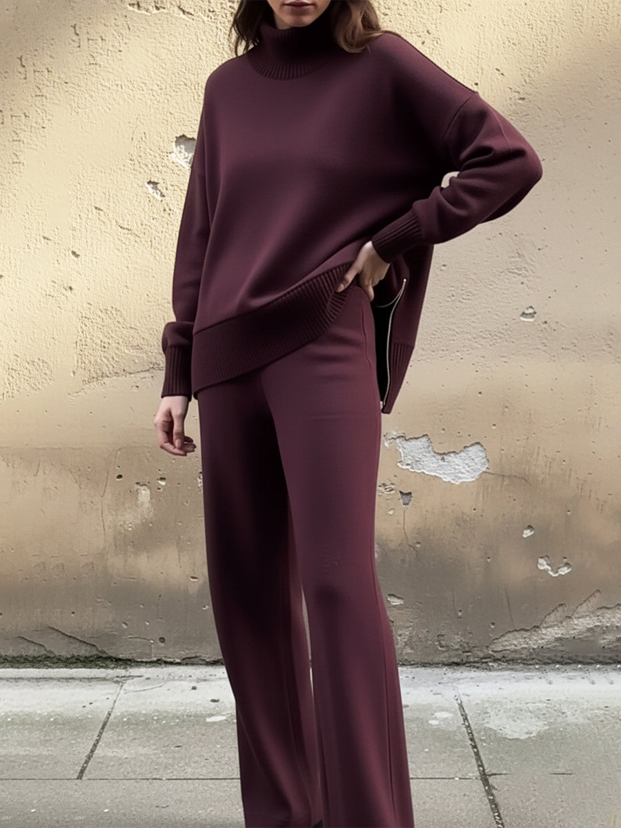 Casual Travel Stand Collar Side Zipper Top Straight Pants Two-Piece Set - Seldom Seen Styles