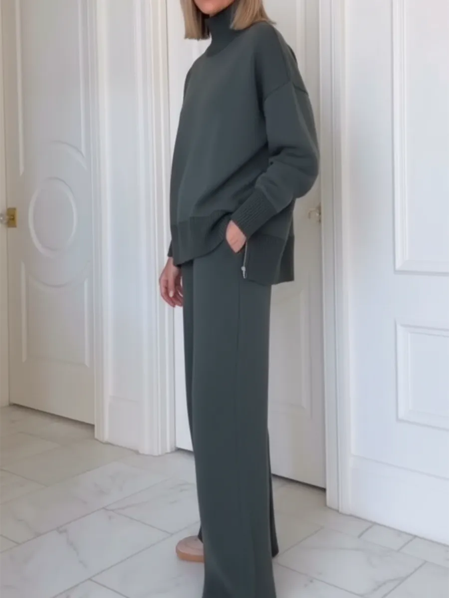 Casual Travel Stand Collar Side Zipper Top Straight Pants Two-Piece Set - Seldom Seen Styles
