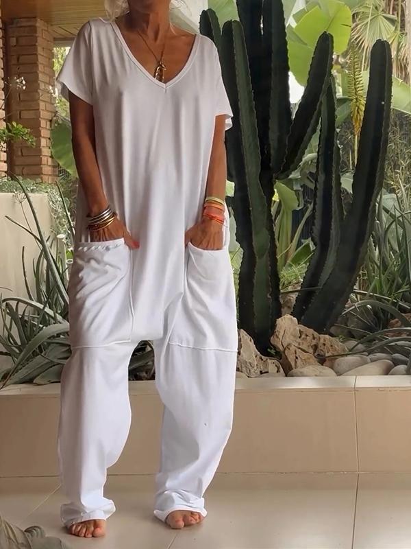 Casual V-neck Solid Color Jumpsuit - Seldom Seen Styles