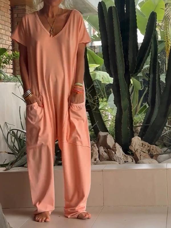 Casual V-neck Solid Color Jumpsuit - Seldom Seen Styles