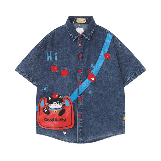 Cat Bag Patch Denim Shirt Fake Messenger Bag Embroidery Loose Fit Couple Niche Japanese Streetwear Button-Up | Cat Bag Denim Shirt - Seldom Seen Styles