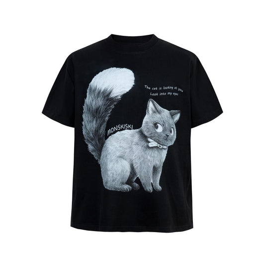 Cat Letter Print Short Sleeve T-Shirt Ice Fabric Cooling UPF50 Quick Dry Loose Fit Streetwear Couple Summer Casual Tee | Cool Cat Tee - Seldom Seen Styles