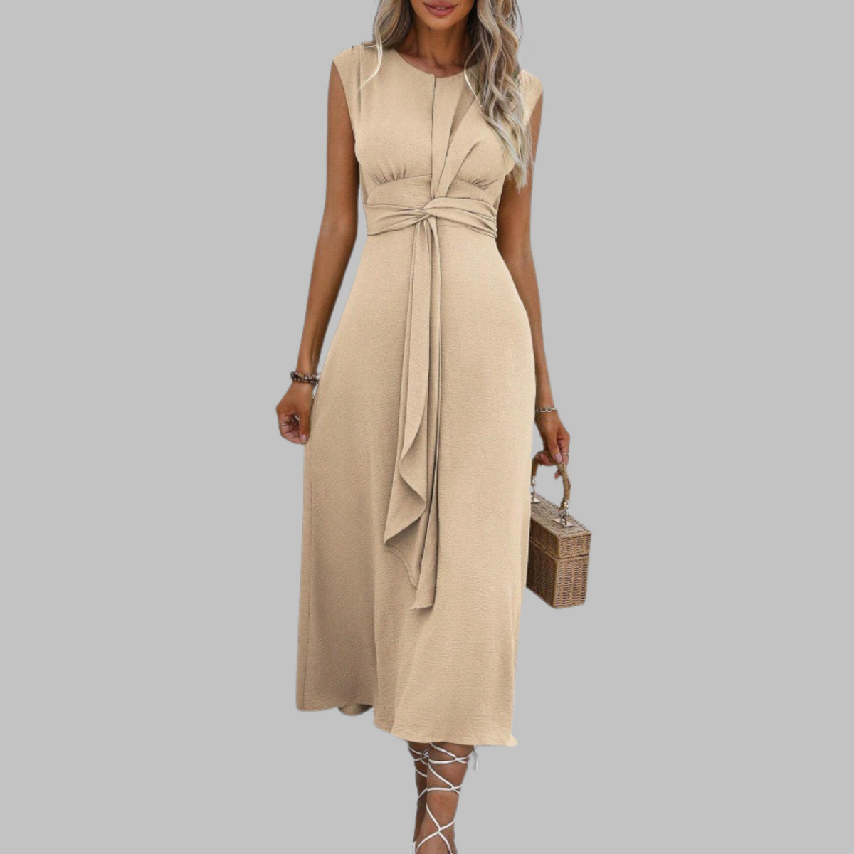 Celeste | Women's Belted Midi Dress Sleeveless Round Neck A-Line - Seldom Seen Styles