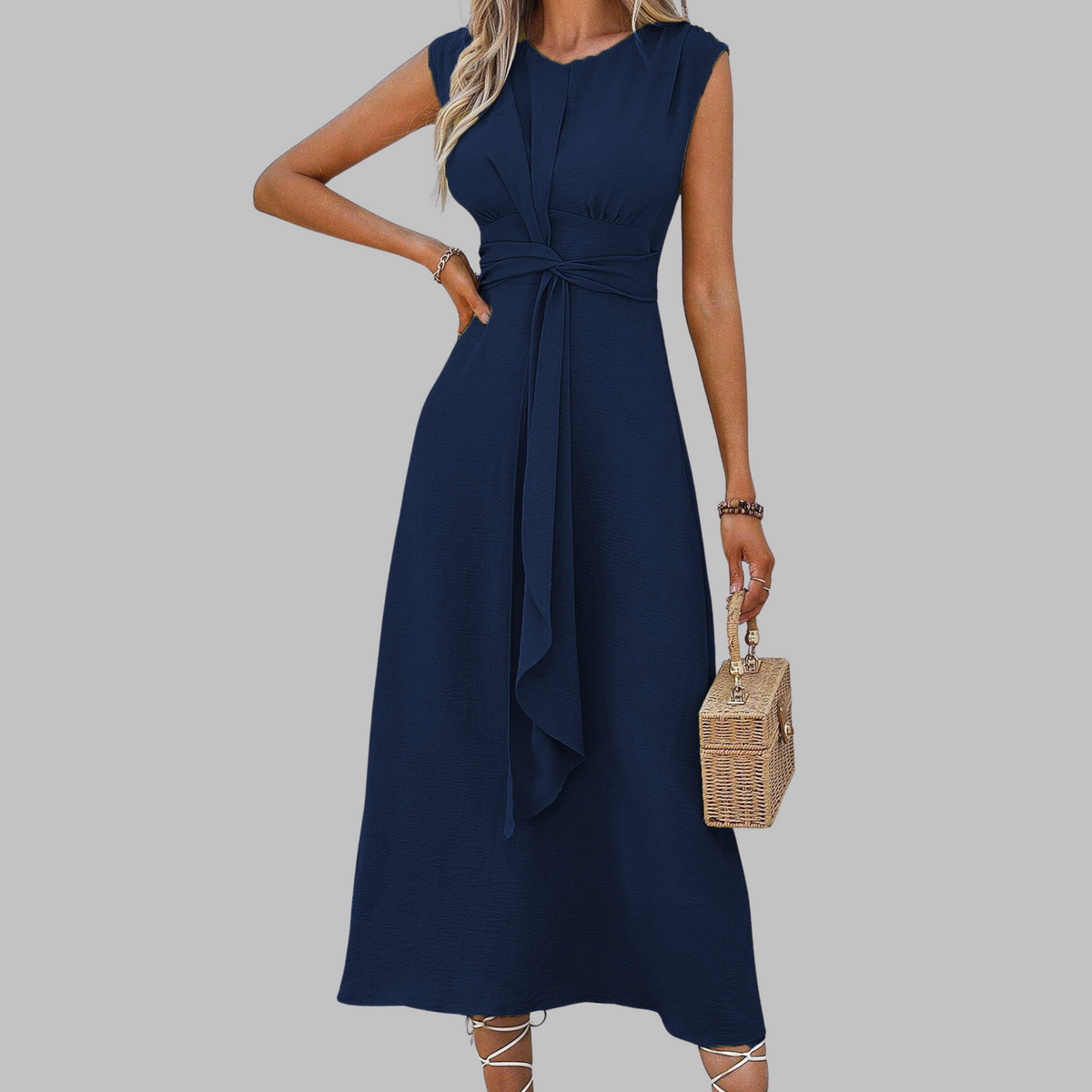 Celeste | Women's Belted Midi Dress Sleeveless Round Neck A-Line - Seldom Seen Styles