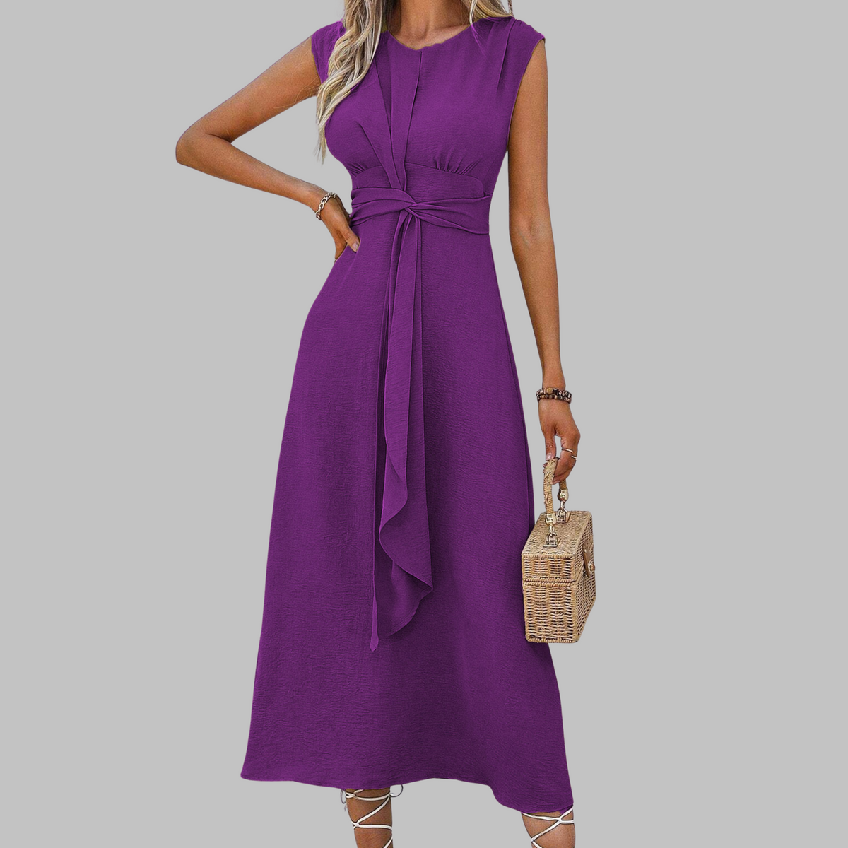 Celeste | Women's Belted Midi Dress Sleeveless Round Neck A-Line - Seldom Seen Styles