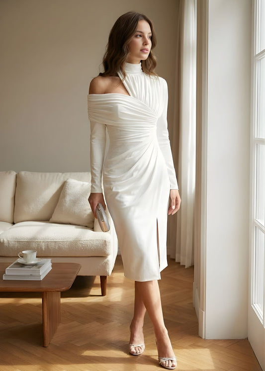 Ceylan Women’s Asymmetric Midi Dress with Draped One Shoulder - Seldom Seen Styles