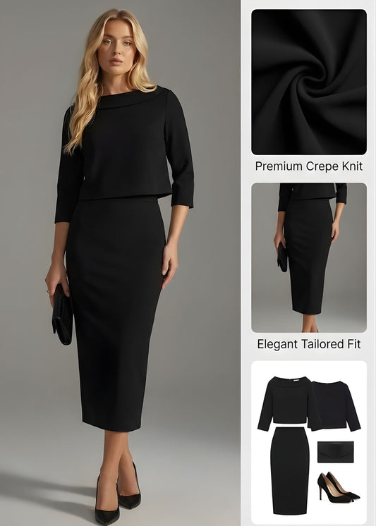 Ceylan Women’s Boat Neck Midi Skirt Set with Elegant 3/4 Sleeves - Seldom Seen Styles