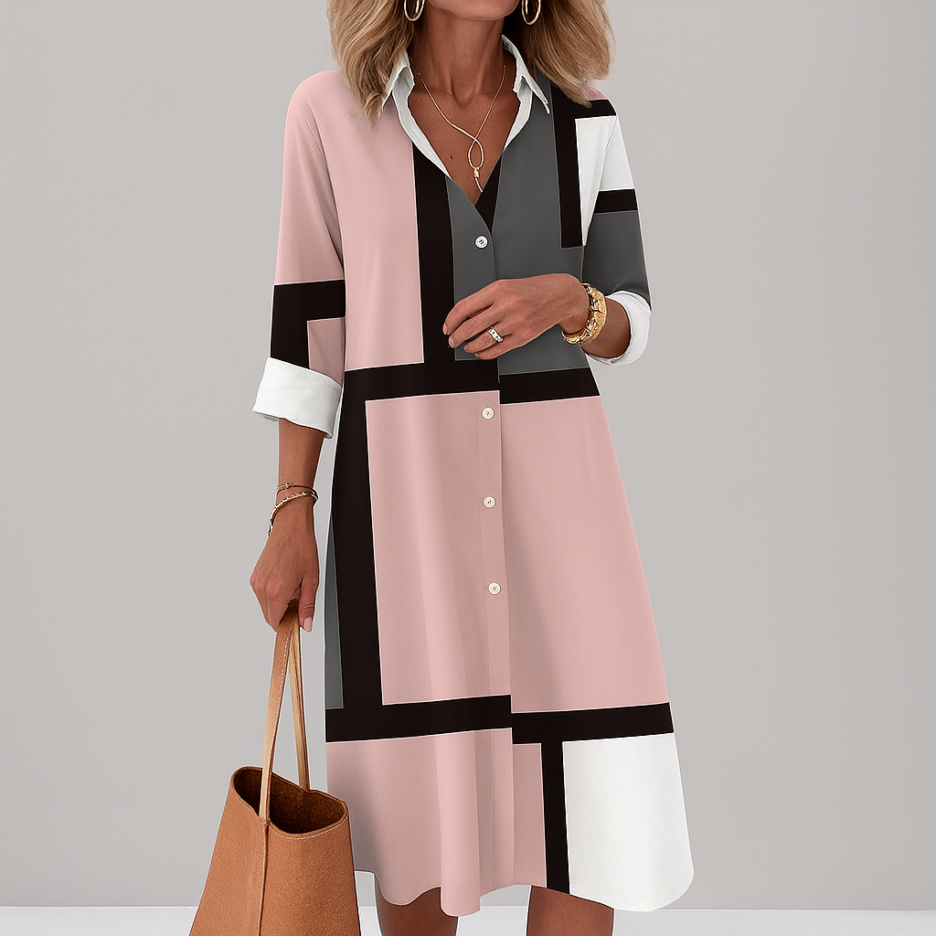 Geometric Pattern Occasion Button Shirt Dress for Women - Seldom Seen Styles