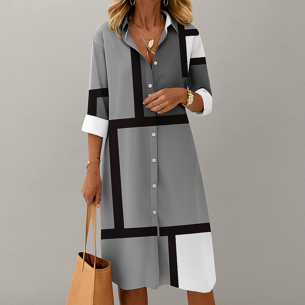 Geometric Pattern Occasion Button Shirt Dress for Women - Seldom Seen Styles