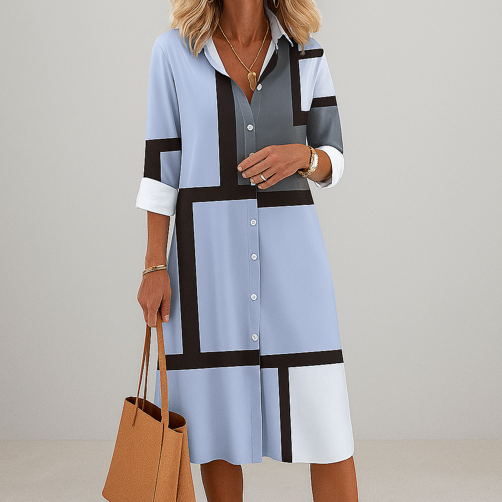 Geometric Pattern Occasion Button Shirt Dress for Women - Seldom Seen Styles