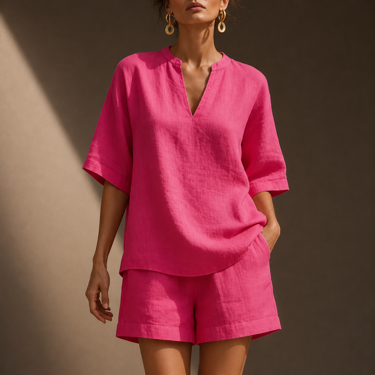 Women's Cotton Linen Two Piece Set Relaxed Oversized Top Shorts Casual Summer Beach Vacation Outfit