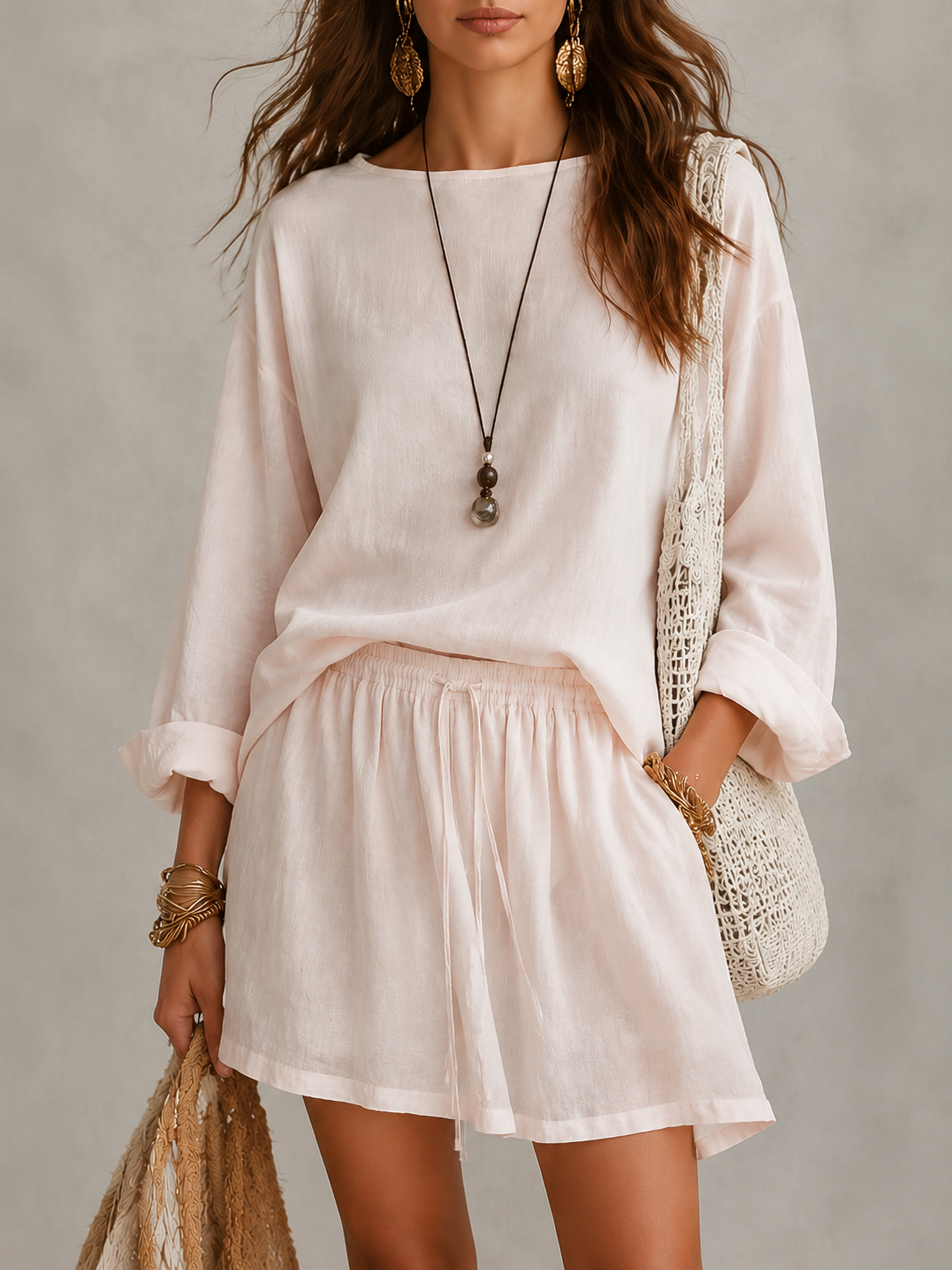 Women's Linen Blend Round Neck Long Sleeve Top Mini Skirt Set Boho Beach Vacation Summer Outfit