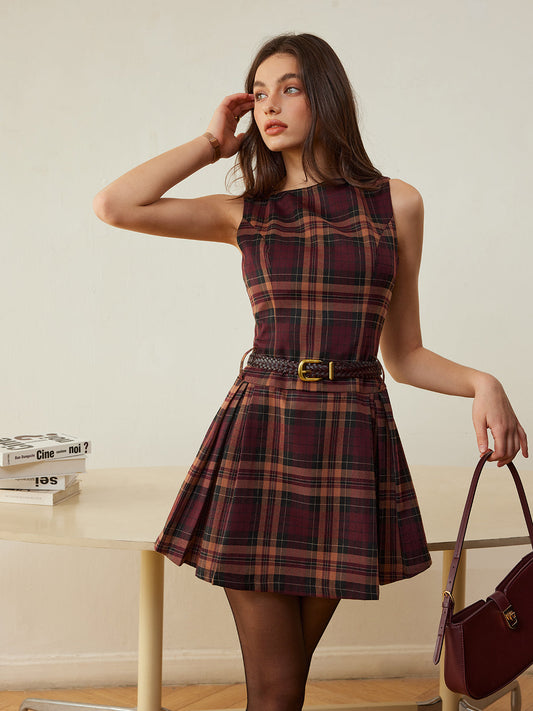 Checked Pleated Tank Dress Without Belt - Seldom Seen Styles