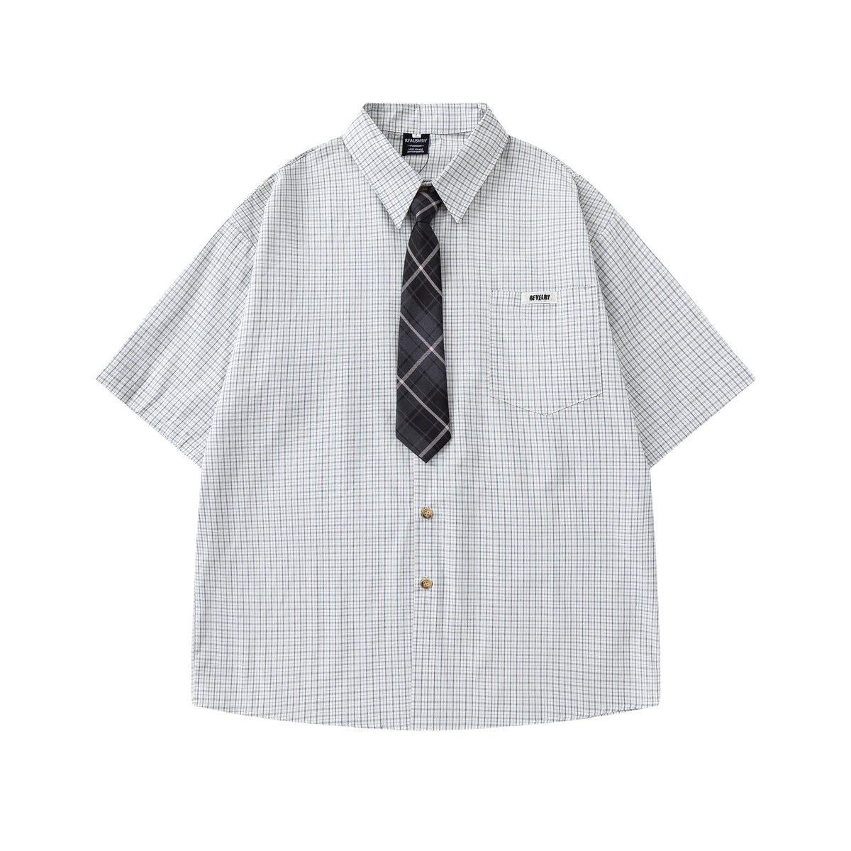 Checkered Short-Sleeve Shirt with Tie 或 Chic Plaid Tie Shirt - Seldom Seen Styles