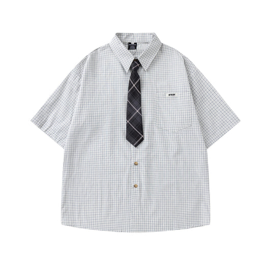 Checkered Short-Sleeve Shirt with Tie 或 Chic Plaid Tie Shirt - Seldom Seen Styles