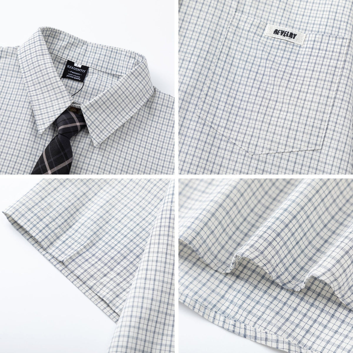 Checkered Short-Sleeve Shirt with Tie 或 Chic Plaid Tie Shirt - Seldom Seen Styles