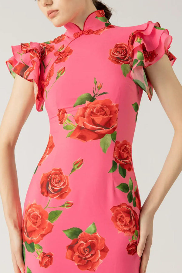 🎉Hot Sale 49% OFF🥳Cheongsam Style Rose Floral Print Tiered Flare Sleeve Stretch Maxi Dress - Seldom Seen Styles