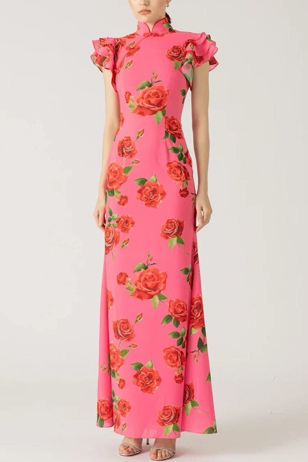 🎉Hot Sale 49% OFF🥳Cheongsam Style Rose Floral Print Tiered Flare Sleeve Stretch Maxi Dress - Seldom Seen Styles