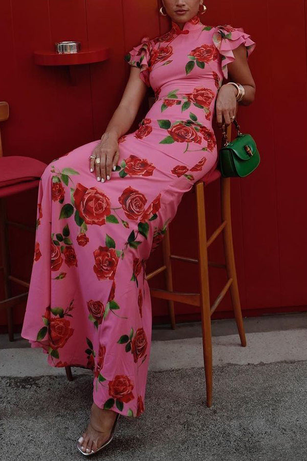 🎉Hot Sale 49% OFF🥳Cheongsam Style Rose Floral Print Tiered Flare Sleeve Stretch Maxi Dress - Seldom Seen Styles