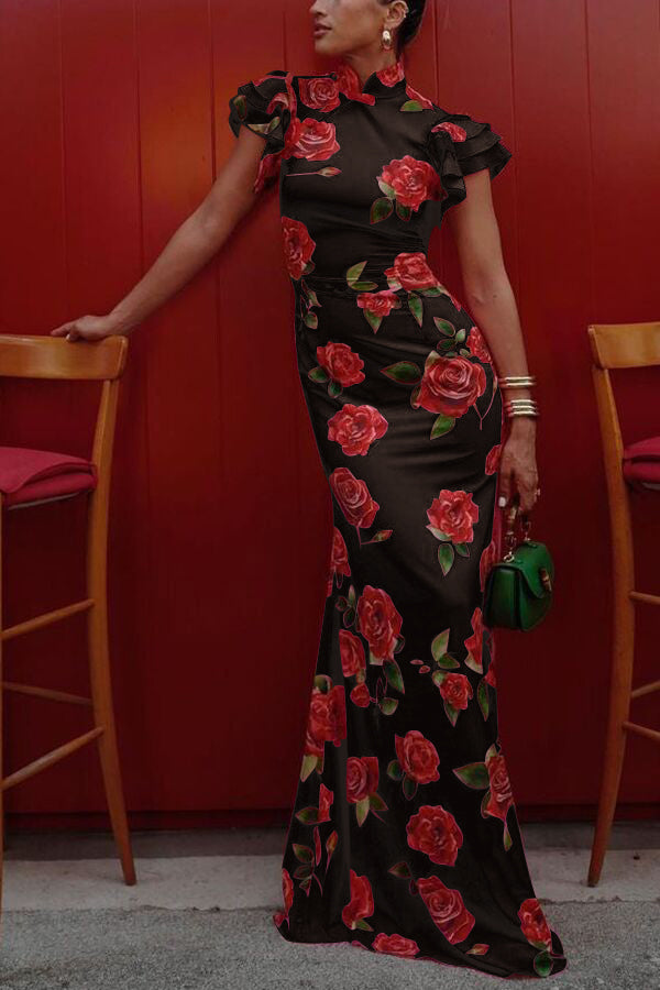 🎉Hot Sale 49% OFF🥳Cheongsam Style Rose Floral Print Tiered Flare Sleeve Stretch Maxi Dress - Seldom Seen Styles