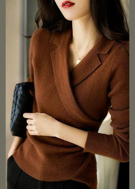 Chic Caramel Peter Pan Collar asymmetrical design slim fit Fall Sweater - Seldom Seen Styles