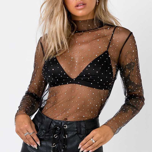 Chic Sparkle Embellished Sheer Mesh Sequin Top Tees - Seldom Seen Styles