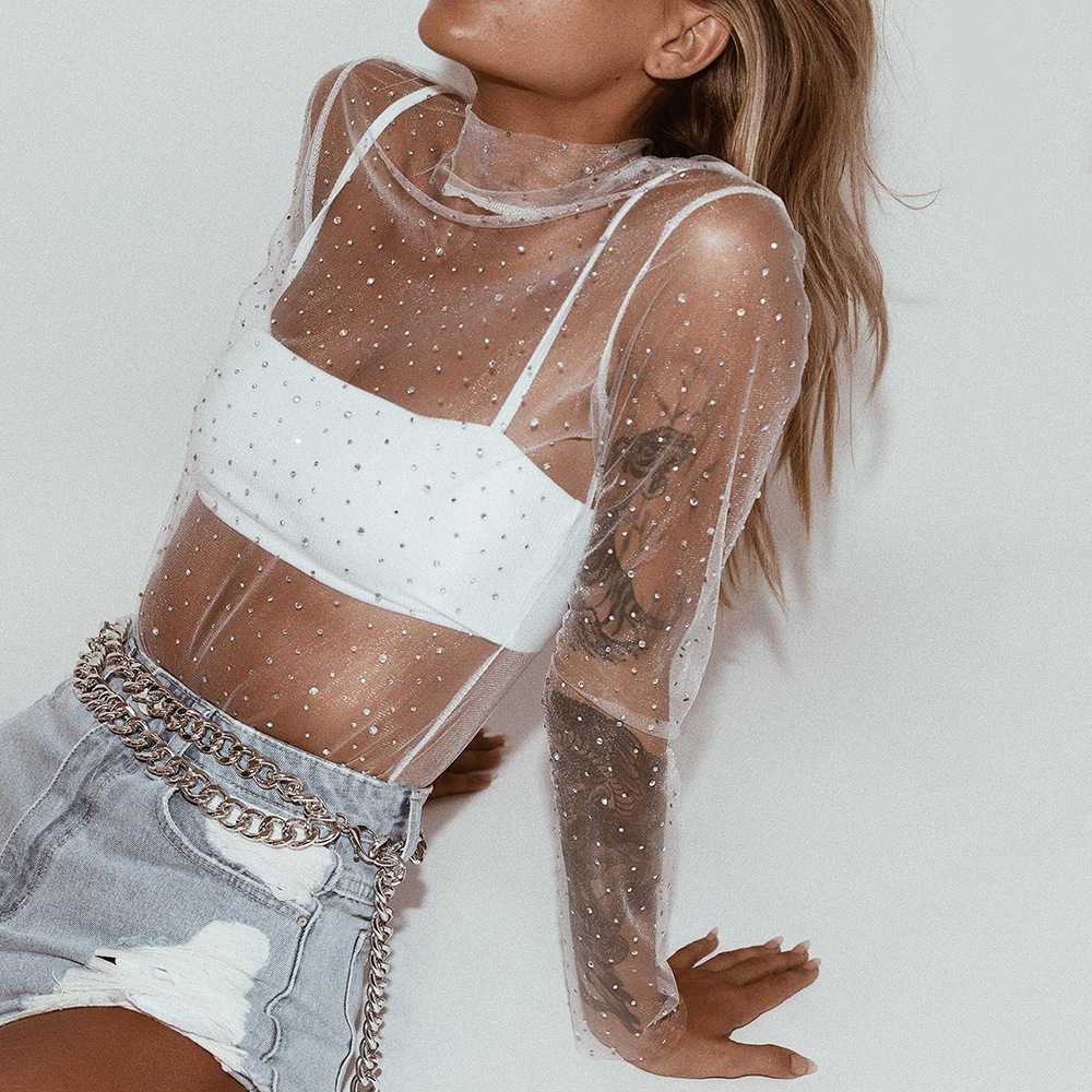 Chic Sparkle Embellished Sheer Mesh Sequin Top Tees - Seldom Seen Styles