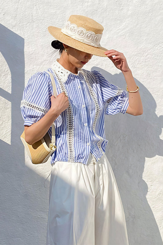 Chic Stripe Lace Puff Sleeve Blouse - Seldom Seen Styles