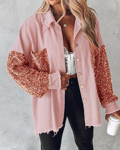 Chicme Contrast Sequin Raw Hem Shacket